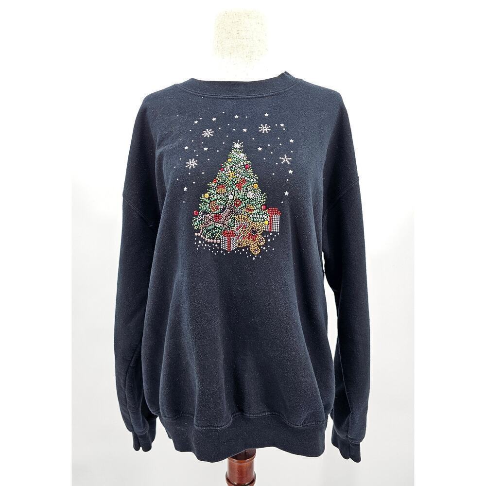 Vintage Handmade Gildan Women's M Black Christmas Tree Crewneck Sweater